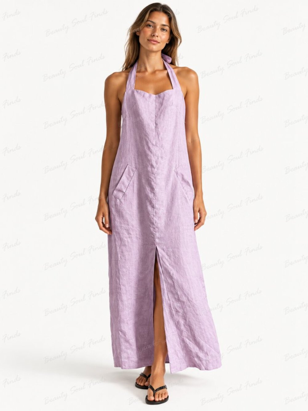 LJC Designs Lavender 100% Linen Boho Halter Midi/Maxi Dress Pockets Size Small